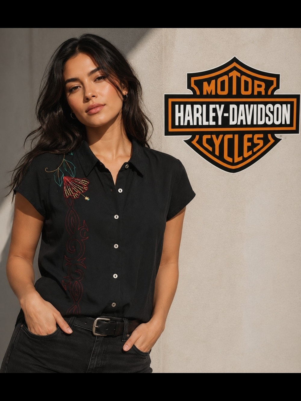 Rare Harley-Davidson Black Short-Sleeve Embroidered Button-Down Top Sz2xl Silk